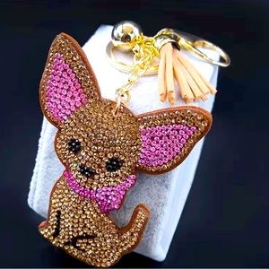 🐾 Brown & Pink Crystal Rhinestones Chihuahua Dog Keychain Purse Charm w Tassel
